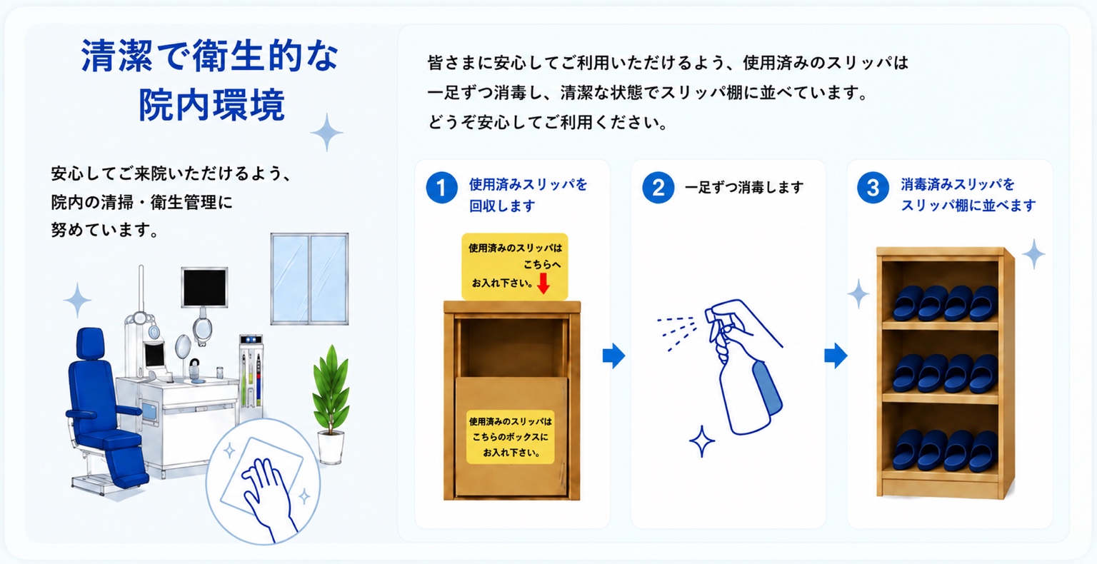 院内環境・スリッパ消毒・靴の履き替えのご案内